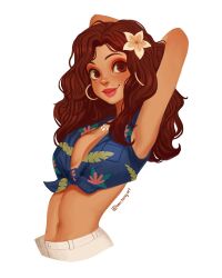 Rule 34 | 1girl, armpits, arms behind head, ben tang, blue shirt, breasts, brown flower, brown hair, cleavage, commentary, draw this in your style challenge, earrings, english commentary, eyeshadow, flower, freckles, hair flower, hair ornament, hawaiian shirt, highres, hoop earrings, jewelry, long hair, looking at viewer, makeup, medium breasts, midriff, navel, necklace, original, red eyeshadow, red lips, shirt, shorts, simple background, smile, solo, wavy hair, white background, white shorts