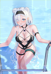 Rule 34 | 1girl, absurdres, animal ears, arknights, arm strap, aurora (arknights), bare shoulders, bear ears, black hairband, black one-piece swimsuit, blue eyes, blush, breasts, bust cup, casual one-piece swimsuit, center opening, cleavage, closed mouth, eyes visible through hair, feet out of frame, geomiddang, hair over one eye, hairband, highres, infection monitor (arknights), large breasts, long hair, looking at viewer, navel, one-piece swimsuit, pool, pool ladder, smile, solo, swimsuit, thigh strap, very long hair, water, white hair