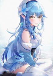 Rule 34 | 1girl, ahoge, bad id, bad twitter id, bare shoulders, beret, blue hair, blush, bow, bowtie, breasts, center frills, cleavage, commentary request, detached sleeves, flower, frills, from side, hair between eyes, hair flower, hair ornament, hakuishi aoi, half updo, hat, highres, hololive, large breasts, long hair, looking at viewer, off-shoulder jacket, off shoulder, pointy ears, sitting, skindentation, smile, solo, teeth, thighhighs, virtual youtuber, wariza, white thighhighs, yellow eyes, yukihana lamy, zettai ryouiki