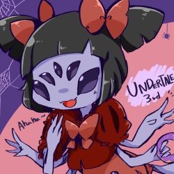 Rule 34 | 1girl, bow, colored skin, extra arms, extra eyes, fangs, arthropod girl, muffet, purple skin, ribbon, spider girl, undertale, wink