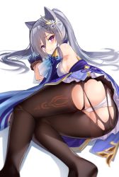 Rule 34 | 1girl, artist request, ass, bare shoulders, blush, braid, breasts, brown pantyhose, cameltoe, cone hair bun, dress, embarrassed, foreshortening, genshin impact, gloves, hair bun, hair ornament, keqing (genshin impact), long hair, looking at viewer, lying, on side, panties, panties under pantyhose, pantyhose, purple eyes, purple hair, shiny skin, short dress, sideboob, simple background, skirt, smile, solo, torn clothes, torn pantyhose, twintails, underwear, very long hair, white background, white panties