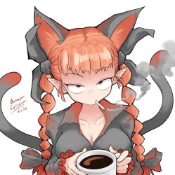Rule 34 | 1girl, absurdres, animal ears, breasts, cat ears, cat girl, cat tail, cigarette, cleavage, coffee, coffee cup, coffee mug, commentary, cup, dated, disposable cup, english commentary, extra ears, highres, kaenbyou rin, large breasts, long hair, long sleeves, master-cylinder, mug, multiple tails, nekomata, pointy ears, red eyes, red hair, red nails, signature, smoke, smoking, solo, tail, touhou, two tails, upper body, variant set