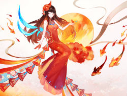 Rule 34 | 1girl, bare shoulders, bird, blush, brown hair, china dress, chinese clothes, chinese knot, closed mouth, dress, fish, flower, full body, hair flower, hair ornament, highres, hime cut, juexing (moemoe3345), koi, long hair, one eye closed, original, red dress, red eyes, sleeveless, sleeveless dress, smile, solo