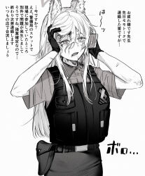 Rule 34 | 1girl, alternate costume, animal ear fluff, animal ears, blood, blood on face, blue archive, bulletproof vest, cellphone, cuts, gloves, greyscale, hair between eyes, halo, highres, holding, holding phone, holster, injury, japanese text, kanna (blue archive), long hair, monochrome, open mouth, phone, pocket, sharp teeth, shirt, short sleeves, simple background, skirt, smartphone, solo, sweat, talking on phone, teeth, translation request, tsuno (tnngur), vest