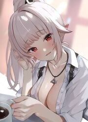 Rule 34 | 1girl, absurdres, blush, breasts, buttons, cleavage, collarbone, collared shirt, commentary, cup, eine lotta, english commentary, grey hair, head tilt, high ponytail, highres, holding, holding cup, indie virtual youtuber, jewelry, kkix25, large breasts, long hair, looking at viewer, necklace, open clothes, open shirt, parted lips, pointy ears, red eyes, second-party source, shirt, short sleeves, sidelocks, smile, solo, virtual youtuber, white shirt