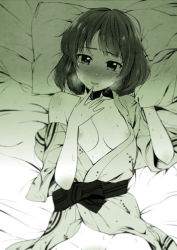 Rule 34 | 10s, 1girl, bad id, bad pixiv id, blurry, blush, bottomless, breasts, collarbone, commentary request, green theme, idolmaster, idolmaster cinderella girls, japanese clothes, kimono, looking at viewer, lying, medium breasts, mole, mole under eye, monochrome, no bra, off shoulder, on back, out-of-frame censoring, pillow, short hair, smile, solo, sweat, takagaki kaede, u (the unko), yukata