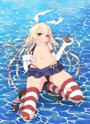 Rule 34 | 1girl, absurdres, alakoala, animal ears, blonde hair, brown eyes, cameltoe, covered erect nipples, g-string, highres, kantai collection, long hair, miniskirt, navel, rabbit ears, see-through, shimakaze (kancolle), skirt, solo, striped clothes, striped thighhighs, thighhighs, thong, torn clothes
