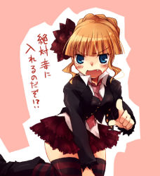 Rule 34 | 00s, 1girl, :o, angry, beatrice (umineko), blazer, blonde hair, blue eyes, blush, boots, fang, jacket, japanese text, kneeling, necktie, open mouth, pink background, pink necktie, pointing, red skirt, short hair, skirt, solo, striped clothes, striped thighhighs, suzushiro kurumi, thighhighs, translation request, umineko no naku koro ni
