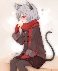 Rule 34 | 1girl, akagashi hagane, alternate costume, animal ears, blush, coat, food, full-face blush, gloves, grey pantyhose, long sleeves, mouse (animal), mouse ears, mouse tail, nazrin, open mouth, pantyhose, profile, red eyes, red gloves, scarf, short sleeves, sitting, skirt, solo, tail, text focus, touhou, winter clothes