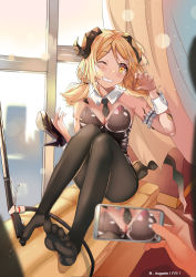 Rule 34 | 1girl, absurdres, alternate costume, arknights, arm garter, auguste, bare shoulders, black footwear, black leotard, black neckwear, black pantyhose, blonde hair, breasts, cellphone, claw pose, cleavage, curtains, detached collar, grin, hand up, high heels, highres, holding, holding phone, horns, huge filesize, ifrit (arknights), indoors, knees up, leotard, long hair, looking at viewer, material growth, necktie, nontraditional playboy bunny, one eye closed, oripathy lesion (arknights), pantyhose, phone, playboy bunny, shoe dangle, shoes, sitting, small breasts, smartphone, smile, solo focus, strapless, strapless leotard, tail, unworn shoe, unworn shoes, window, wrist cuffs, yellow eyes