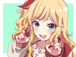 Rule 34 | 1girl, blonde hair, blue eyes, blush, breasts, cleavage, collarbone, commentary request, fingernails, hands up, highres, idolmaster, idolmaster cinderella girls, jacket, jewelry, letterman jacket, looking at viewer, nail polish, necklace, ohtsuki yui, one side up, sidelocks, simple background, smile, solo, star (symbol), star necklace, teeth, tottoto tomekichi, two-tone background, upper teeth only