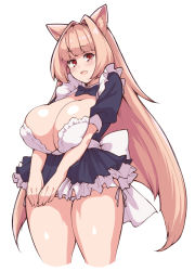 Rule 34 | 1girl, :3, animal ear fluff, animal ears, bare legs, black bow, blunt bangs, blush, bow, bowtie, breasts, cat ears, cleavage, cleavage cutout, clothing cutout, covered erect nipples, demekyon, dress, frilled dress, frilled skirt, frills, hair intakes, huge breasts, looking at viewer, looking to the side, lowleg, lowleg panties, maid, maid headdress, microskirt, miniskirt, no bra, open mouth, original, panties, pleated skirt, puffy short sleeves, puffy sleeves, red eyes, ribbon, short sleeves, shrug (clothing), side-tie panties, sidelocks, skirt, solo, thick thighs, thighs, underwear, white panties, white ribbon