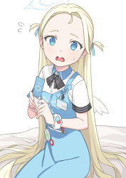 Rule 34 | 1girl, bare shoulders, blonde hair, blue archive, blue dress, blue eyes, blush, bow, bowtie, bright pupils, cellphone, collarbone, commentary, cowboy shot, dress, flying sweatdrops, forehead, halo, highres, holding, holding phone, long hair, looking at viewer, open mouth, parted bangs, phone, pinafore dress, saiste, scrunchie, short sleeves, simple background, sitting, sleeveless dress, solo, sora (blue archive), two side up, very long hair, wavy mouth, white background, white pupils, wings, wrist scrunchie