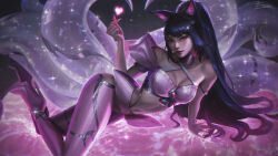 Rule 34 | 1girl, absurdres, ahri (league of legends), alternate costume, animal ears, artist name, black hair, blue eyes, breasts, cleavage, closed mouth, commentary, emriikun, english commentary, eyeshadow, facial mark, fingernails, fox ears, fox girl, fox tail, hair between eyes, hair ornament, hairclip, heart, high heels, highres, large breasts, league of legends, long hair, looking at viewer, makeup, mole, mole under eye, multiple tails, nail polish, navel, pink nails, ponytail, sharp fingernails, sidelocks, single bare shoulder, smile, solo, tail, whisker markings