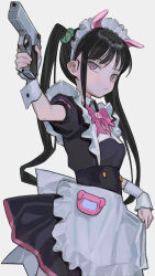 Rule 34 | 1girl, absurdres, akiba maid sensou, animal ears, apron, black dress, black hair, bow, commentary, dress, gun, handgun, highres, holding, holding gun, holding weapon, long hair, maid, maid apron, maid headdress, pig ears, pink bow, pink eyes, saaal653, simple background, solo, twintails, upper body, weapon, white apron, wrist cuffs, yumechi (akiba maid sensou)