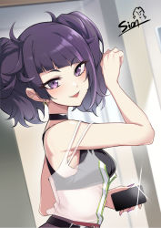 Rule 34 | 1girl, belt, crop top, diagonal bangs, earrings, from side, highres, idolmaster, idolmaster shiny colors, indoors, jewelry, looking at viewer, nail polish, purple eyes, purple hair, purple nails, reflection, see-through, selfie, short twintails, sian, signature, sleeveless, solo, tanaka mamimi, twintails