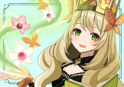 Rule 34 | 1girl, :d, absurdres, blonde hair, book, celine (fire emblem), chaton (chatoncerisier), commentary request, crown, fire emblem, fire emblem engage, green eyes, highres, long hair, looking at viewer, nintendo, open mouth, smile, solo, upper body