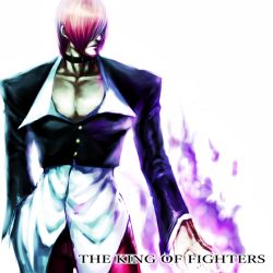 Rule 34 | 1boy, choker, closed mouth, fire, hair over eyes, jacket, male focus, muscular, pants, pectoral cleavage, pectorals, purple fire, pyrokinesis, red hair, red pants, sawao, simple background, snk, solo, the king of fighters, white background, yagami iori