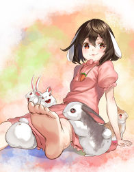 Rule 34 | 1girl, :3, animal, animal ears, animal in clothes, arm support, bad id, bad pixiv id, barefoot, blush, brown hair, carrot, carrot necklace, dress, feet, female focus, foot focus, foreshortening, inaba tewi, jewelry, lips, looking at viewer, necklace, pendant, pink dress, rabbit, rabbit ears, red eyes, short hair, sitting, smile, soles, solo, too many, too many rabbits, touhou, unowen
