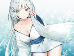 Rule 34 | 1girl, blue background, blue eyes, blue kimono, breasts, collarbone, commentary request, cowboy shot, gradient background, gradient clothes, hair between eyes, hair ornament, japanese clothes, kimono, kurata rine, lips, long hair, looking at viewer, lying, medium breasts, multicolored background, on side, original, silver hair, snow, snowflake print, snowflakes, solo, thighs, very long hair, yuki onna
