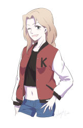Rule 34 | 1girl, ;d, alternate costume, artist name, blonde hair, cropped legs, denim, denim shorts, girls und panzer, hand on own hip, jacket, kay (girls und panzer), letterman jacket, long hair, midriff, navel, neiigal, one eye closed, open mouth, shorts, smile, solo, tank top, white background