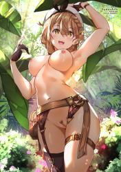 Rule 34 | armpits, atelier (series), atelier ryza, atelier ryza 2, belt, braid, breasts, brown belt, brown eyes, brown gloves, brown hair, censored, cleft of venus, cowboy shot, day, female pubic hair, flower, forest, gloves, hair ornament, large breasts, leather, leather belt, leather gloves, mosaic censoring, nature, navel, nipples, nude, pubic hair, pussy, reisalin stout, short hair, solo, sydus, thick thighs, thigh strap, thighs, uncensored, white headwear