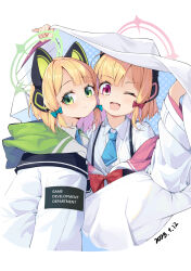Rule 34 | 2girls, absurdres, animal ear headphones, animal ears, blonde hair, blue archive, blue necktie, blush, bow, closed mouth, collared shirt, commentary request, dated, fake animal ears, green bow, green eyes, green halo, hair bow, halo, headphones, highres, jacket, long sleeves, looking at viewer, midori (blue archive), momoi (blue archive), multiple girls, necktie, one eye closed, open mouth, painterliuhao, pink halo, red bow, red eyes, shirt, short hair, siblings, sisters, smile, twins, two-sided fabric, two-sided jacket, upper body, white background, white jacket, white shirt