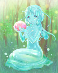 Rule 34 | 1girl, blue eyes, blue hair, blue skin, breasts, colored skin, forest, kneeling, monster girl, nature, nipples, nude, open mouth, puddle, sakayan, slime girl, small breasts, smile, solo, tree