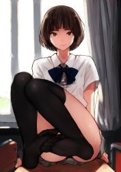 Rule 34 | 1girl, bad artstreet id, bad id, black thighhighs, blee, bob cut, brown eyes, brown hair, chair, classroom, closed mouth, collared shirt, curtains, day, desk, feet, feet together, grey skirt, indoors, light smile, looking at viewer, no shoes, on desk, original, pleated skirt, school, school uniform, shirt, short hair, short sleeves, sitting, on desk, skirt, smile, soles, solo, thighhighs, thighs, toes, white shirt, window