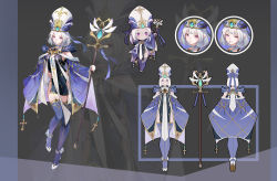 Rule 34 | 1girl, blue thighhighs, breasts, cape, character sheet, chibi, cross, dress, expressions, garter straps, hat, holding, holding staff, looking at viewer, multiple views, original, panty straps, pelvic curtain, photoshop (medium), pink eyes, pointy ears, shoes, shop p, short hair, small breasts, staff, thighhighs, turnaround, white hair, zoom layer