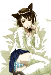 Rule 34 | 1girl, animal ears, blue panties, cat ears, panties, solo, striped clothes, striped panties, thighhighs, underwear, white thighhighs