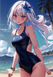 Rule 34 | 1girl, absurdres, bare shoulders, beach, blue hair, blue sky, blush, bracelet, breasts, cloud, cloudy sky, collarbone, covered navel, day, gradient hair, hair ornament, highres, jewelry, kuro-kun (nablack), lize helesta, looking at viewer, medium breasts, multicolored hair, nijisanji, ocean, one-piece swimsuit, open mouth, outdoors, palm leaf, palm tree, purple eyes, scan, shiny skin, simple background, sky, solo, swimsuit, thighs, tree, virtual youtuber, water, white hair