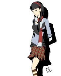 Rule 34 | 1girl, amagi yukiko, arms behind back, black hair, brown eyes, cosplay, dh (brink of memories), female protagonist (persona 3) (cosplay), hairband, highres, kneehighs, long hair, official style, persona, persona 3, persona 3 portable, persona 4, scarf, shiomi kotone, shiomi kotone (cosplay), signature, skirt, socks, solo, striped clothes, striped socks, white background