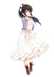 Rule 34 | 1girl, badminton girls, black hair, blush, bow, cardigan, dress, floating hair, gomano rio, hair bow, hands up, highres, long hair, looking at viewer, official art, open cardigan, open clothes, open mouth, ponytail, purple eyes, sidelocks, simple background, solo, white background, white bow, white dress