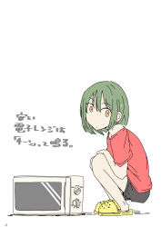 Rule 34 | 1girl, black shorts, commentary request, crocs, from side, green hair, henoeno, highres, looking at viewer, microwave, off-shoulder shirt, off shoulder, original, shirt, shorts, solo, squatting, translation request, yellow eyes