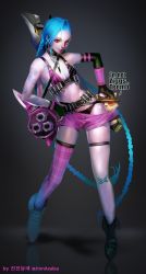 Rule 34 | 1boy, 1girl, asymmetrical clothes, asymmetrical gloves, asymmetrical legwear, bandaid, bandaid on knee, bandaid on leg, bandolier, bare shoulders, black gloves, braid, breasts, elbow gloves, flat chest, full body, gloves, highres, jinnazalea, jinx (league of legends), league of legends, lips, long hair, mismatched gloves, mismatched legwear, navel, pale skin, plaid, plaid legwear, red eyes, short shorts, shorts, single elbow glove, single thighhigh, skindentation, small breasts, standing, tattoo, teemo, thigh strap, thighhighs, twin braids, twitter username, very long hair