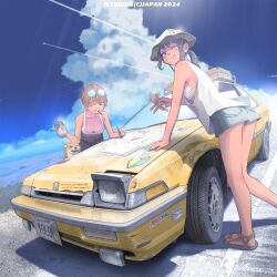 Rule 34 | 2girls, ;), blue shorts, blue sky, breasts, can, car, cloud, collarbone, commentary, commentary typo, day, dog, drink, drinking straw, english commentary, engrish commentary, eyewear on head, food, hat, highres, holding, holding can, holding drink, holding food, holding ice cream, holding pen, honda, ice cream, ice cream cone, jettoburikku, license plate, medium breasts, motor vehicle, multiple girls, one eye closed, original, outdoors, pen, pop-up headlights, round eyewear, rust, shorts, sky, smile, sticker, summer, sunglasses, vehicle focus, vehicle request, white hat