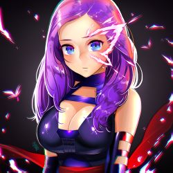 Rule 34 | 10s, 1girl, alcoholrang, animification, bare shoulders, blue eyes, breasts, cleavage, large breasts, long hair, looking at viewer, marvel, psylocke, purple hair, solo, x-men