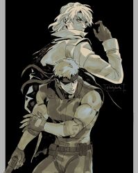 Rule 34 | 2boys, bandana, belt, black background, from behind, gloves, gun, highres, holding, holding gun, holding weapon, jacket, liquid snake, looking back, metal gear (series), metal gear solid, multiple boys, one eye covered, pillarboxed, sepia, shaded face, short hair, solid snake, tirtyturtle, twitter username, weapon