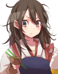 Rule 34 | 10s, 1girl, akagi (kancolle), blush, bowl, brown eyes, brown hair, eating, food, food on face, gloves, japanese clothes, kantai collection, long hair, messy hair, muneate, partially fingerless gloves, partly fingerless gloves, personification, rice, rice bowl, rice on face, single glove, solo, soratoa, yugake