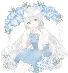 Rule 34 | 1girl, blue flower, blue ribbon, blue skirt, buttons, closed mouth, clothing request, double-breasted, flower, hair ribbon, hands on own chin, leaf, long hair, looking at viewer, nemophila (flower), original, own hands together, purple eyes, ribbon, shirt, short sleeves, simple background, sitting, skirt, skirt set, solo, very long hair, white background, white hair, white shirt, yuum1709