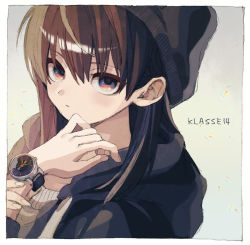 Rule 34 | 1girl, beanie, black hat, black jacket, border, brown hair, closed mouth, grey sweater, hand up, hat, hood, hood down, hooded jacket, jacket, ka (marukogedago), klasse14, looking at viewer, multicolored eyes, plant, potted plant, purple eyes, red eyes, solo, sweater, watch, white border, wristwatch