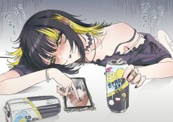 Rule 34 | 1girl, absurdres, aketa mikoto, bad id, bad pixiv id, black choker, black hair, black nails, blonde hair, blush, bracelet, can, cellphone, cellphone photo, choker, cracked phone, cracked screen, crying, crying with eyes open, drunk, eyelashes, highres, holding, holding can, idolmaster, idolmaster shiny colors, ikaruga luca, jewelry, lying, medium hair, multicolored hair, nail polish, off shoulder, on stomach, phone, ring, smartphone, solo, streaked hair, strong zero, tears, tsukigawa, two-tone hair, yellow eyes