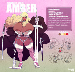 Rule 34 | 1girl, amber (carmessi), blush, bra, breasts, carmessi, character name, character profile, character sheet, cloak, curvy, dark-skinned female, dark skin, demon girl, earrings, english text, garter straps, gloves, highres, hoop earrings, huge breasts, jewelry, long hair, magic, mature female, multiple views, panties, parted lips, plump, red eyes, revealing clothes, shiny skin, simple background, smile, solo, standing, sweat, sword, thick thighs, thighhighs, thighs, thong, underwear, underwear only, very long hair, weapon, white bra, white gloves, white panties, wide hips