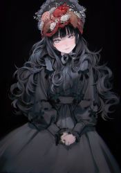 Rule 34 | 1girl, absurdres, black background, black dress, black hair, black theme, bonnet, brain, curly hair, disembodied eye, dress, flower, freckles, frilled dress, frilled sleeves, frills, gothic lolita, grey eyes, guro, heart, highres, hime cut, intestines, lolita fashion, long hair, long sleeves, mazamuno, mole, original, parted lips, simple background, sleeves past wrists
