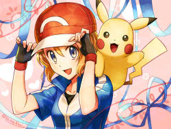 Rule 34 | 1girl, ash ketchum, ash ketchum (cosplay), blonde hair, blue eyes, cosplay, creatures (company), fingerless gloves, game freak, gen 1 pokemon, gloves, hat, jacket, kanimaru, nintendo, pikachu, pokemon, pokemon (anime), pokemon xy (anime), ribbon, serena (pokemon), short hair