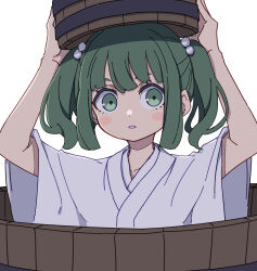 Rule 34 | 1girl, absurdres, blush stickers, bucket, green eyes, green hair, hair bobbles, hair ornament, highres, holding, in bucket, in container, japanese clothes, kame (kamepan44231), kimono, kisume, one-hour drawing challenge, open mouth, short hair, simple background, solo, touhou, twintails, upper body, white background, white kimono, wide sleeves