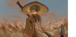 Rule 34 | 1boy, brown coat, coat, cowboy shot, dongrang (project moon), e.g.o (project moon), glasses, green eyes, green hair, holding, holding scythe, jellying, limbus company, long sleeves, looking at viewer, project moon, rope, round eyewear, scythe, solo, wheat, wheat field, white hanbok