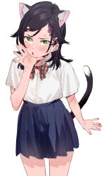 Rule 34 | 1girl, :o, animal ears, black hair, blue skirt, bow, bowtie, cat ears, cat tail, cropped legs, green eyes, hair ornament, highres, light frown, looking at viewer, open mouth, original, school uniform, shirt, skirt, subachi, sweatdrop, tail, white shirt