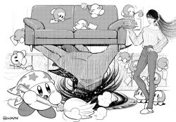 Rule 34 | &gt; &lt;, 1girl, alternate costume, bandana, bayonetta, bayonetta (series), bayonetta 2, black hair, blush stickers, book, broom, casual, cleaning, collarbone, commentary request, contrapposto, couch, crossover, denim, dust cloud, duster, glasses, greyscale, halftone, hand on own hip, jeans, kirby, kirby (series), mole, mole under mouth, monochrome, mundane utility, nintendo, off-shoulder shirt, off shoulder, open mouth, ouya (maboroshimori), pants, shirt, short hair, slippers, smile, sweater, twitter username, waddle dee